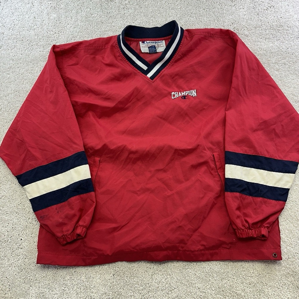 Vintage 90s Champion Nylon V-Neck Pullover Men's L Red Logo Windbreaker - Picture 1 of 11